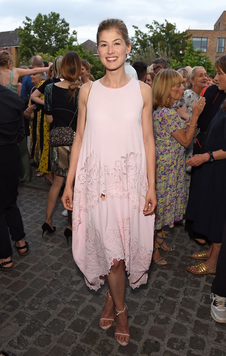 Rosamund Pike attends British Vogue editor Alexandra Shulman's leaving party.