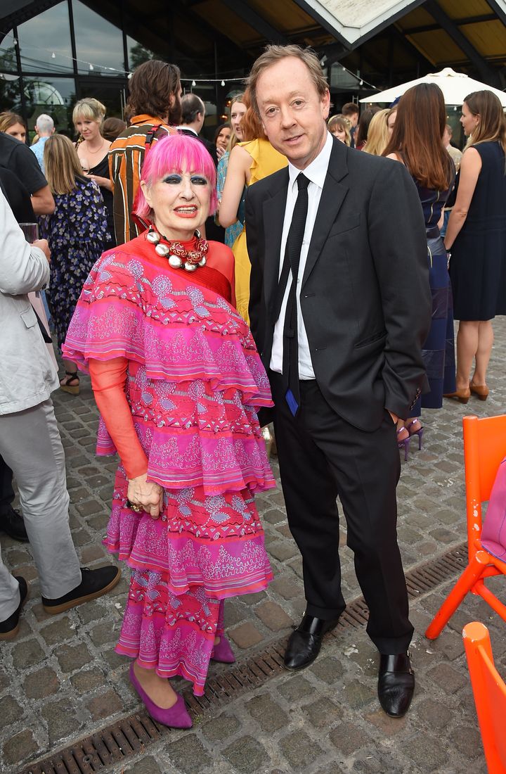 Zandra Rhodes and Geordie Greig attend British Vogue editor Alexandra Shulman's leaving party.