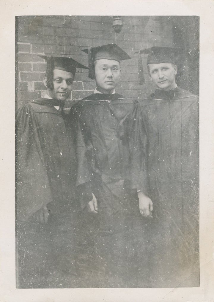 Homer Yasui poses with two medical school classmates upon his graduation in 1949. "The guy on my right is Dominic Stuccio, and the guy on my left is Arthur Zeglen," he says.