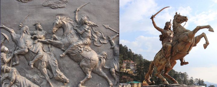 Sculptural relief and equestrian statue of Lakshmibai, the Rani (Queen) of Jhansi State in north-central India, charging against the British Raj in the 1857 Indian Rebellion with her infant son bound to her back. 