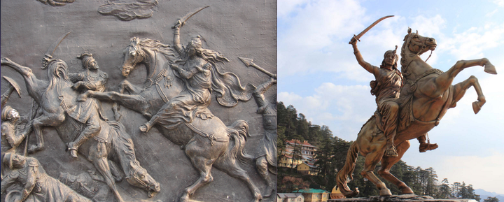 Sculptural relief and equestrian statue of Lakshmibai, the Rani (Queen) of Jhansi State in north-central India, charging against the British Raj in the 1857 Indian Rebellion with her infant son bound to her back. 