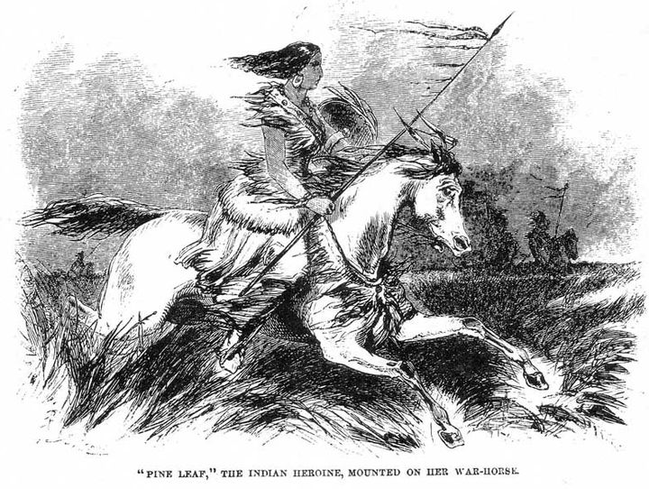 <p>Bar-chee-am-pe, translated as Pine Leaf, became the woman Chief of the Crow People and was known for being fierce in battle. The sketch of her charging the enemy Blackfoot tribe is after an eyewitness description by the American Great Plains tribes chronicler James Beckwourth. </p>