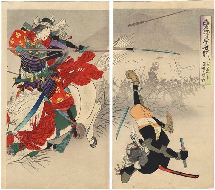 Tomoe Gozen, one of Japan’s most renown women samurai warriors, is known for her bravery and strength. In this 1896, woodblock (ukiyo-e) print, Tomoe Gozen in Battle,  by artist Yūsai Toshiaki, she is seen leading the male samurai in the Genpei War of 1180–1185.