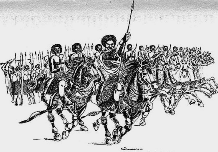 <p>Queen Nzinga of Angola leading her troops in the 1627 charge against the Portuguese army. </p>