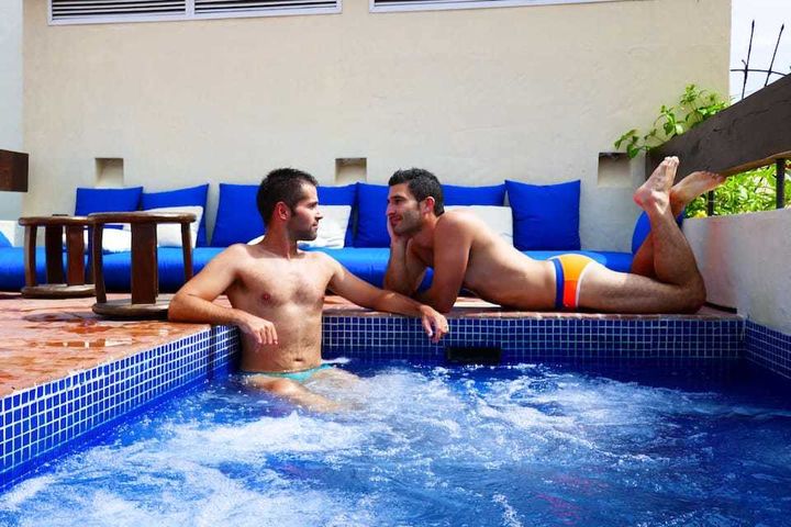 Stefan and Sebastien chilling at the rooftop Jacuzzi of Hotel Quadrifolio