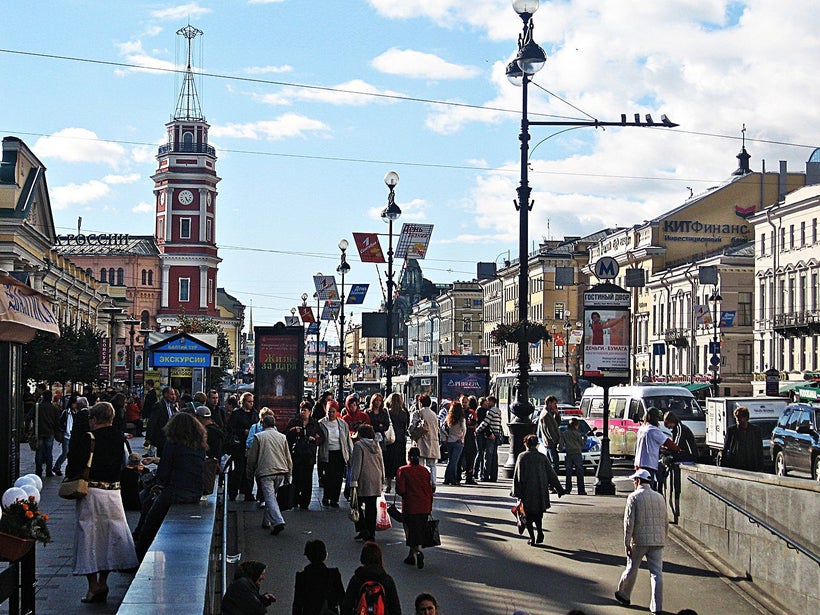 People up and about at Nevsky Prospekt in St. Petersburg, Russia