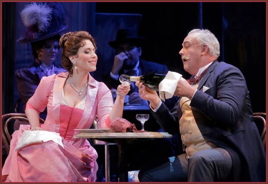 Ellie Dehn (Musetta) and Dale Travis (Alcindoro). SF Opera, 2017