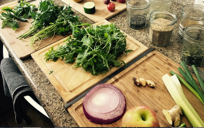 Prepping vegetables and herbs for #LunchBreakLive show.