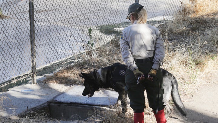 Sheriff's deputies and South Pasadena police officers search a drainage area in South Pasadena's Arroyo Park looking for