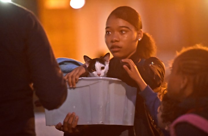 A resident and her cat during evacuations on Friday night