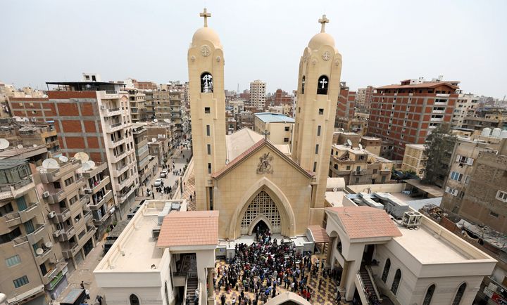 A general view is seen as Egyptians gather by a Coptic church that was bombed in Tanta, Egypt, April 9, 2017.