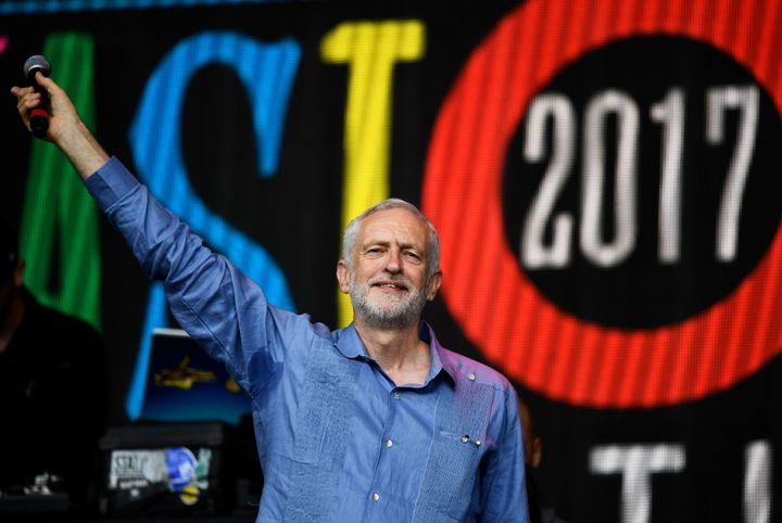 Jeremy Corbyn on stage at Glastonbury where he received a hero's welcome