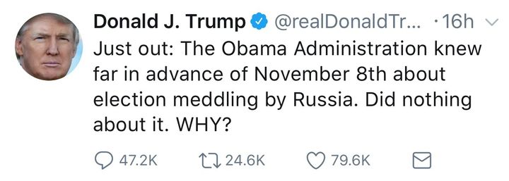 In this Tweet from yesterday, the sitting President contradicts his previous tweets and statements declaring any Russian meddling into our 2016 general election as a hoax, now admits it occurred, and then blames former President Obama. 