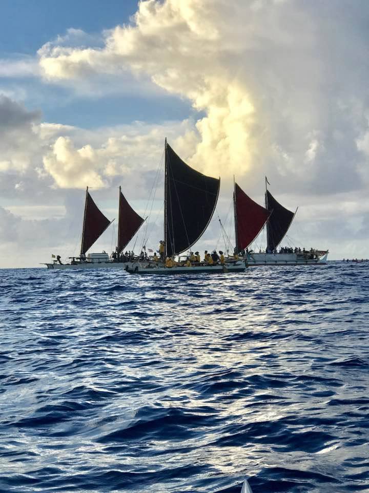 <p>Wānana Pāoa sails alongside Hōkūle‘a and Hikianalia during the final leg of the Mālama Honua Worldwide Voyage on June 17, 2017.</p>