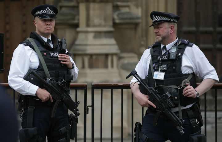 Blackmail fears have been raised after a cyber attack on Parliament; armed officers are pictured above outside the Houses of Parliament 