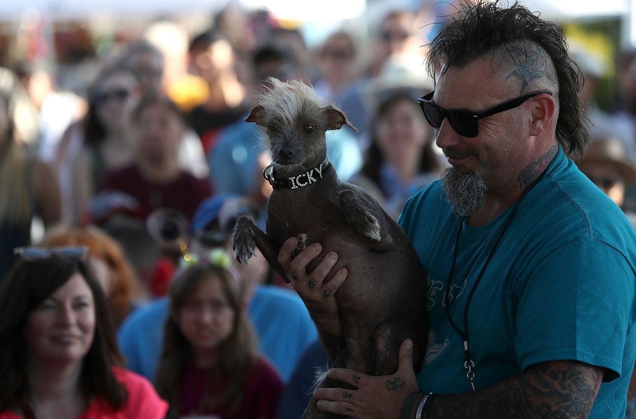 Jon Adler of Davis, California, holds Icky, his mixed breed dog.