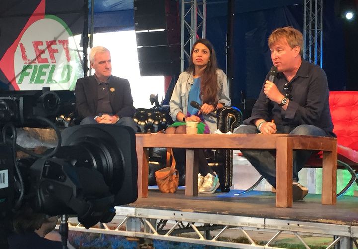 Shadow chancellor John McDonnell takes part in a debate on democracy with economist Faiza Shaheen and Guardian journalist John Harris, in the Left Field tent during the Glastonbury Festival