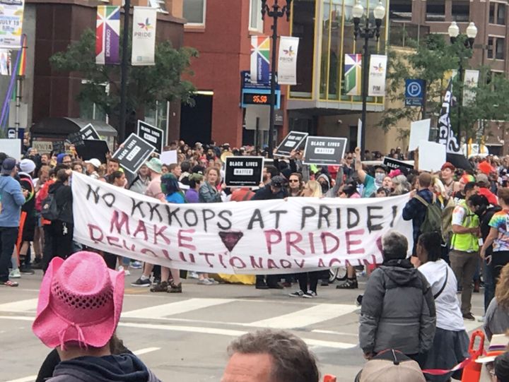 Protestors block off the entrance of Minneapolis' Pride Parade Route. 