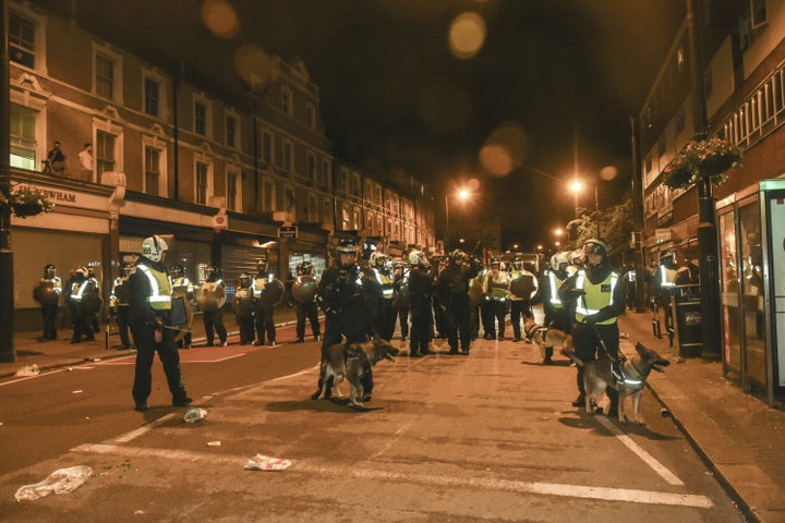 Riot police with dogs assemble in the road