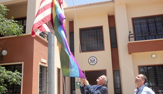 <p>US Consul General Ken Gross raises the LGBT pride flag in Erbil, Iraq. (June 2017)</p>