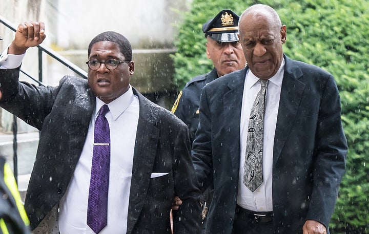 Andrew Wyatt and actor Bill Cosby are seen leaving Montgomery County Courthouse after the sexual assault case was declared a