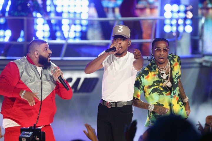 DJ Khaled, Chance The Rapper and Quavo of Migos perform onstage at 2017 BET Awards.