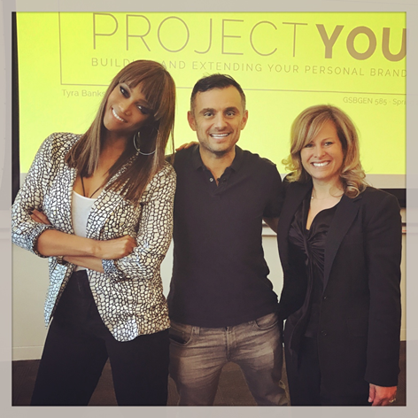 L to R: Co-lecturer Tyra Banks; Gary Vaynerchuk, CEO Vayner Media & guest speaker; and GSB lecturer Allison Kluger