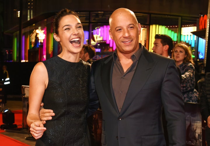 Gal Gadot (L) and Vin Diesel attend the UK Premiere of 'The Last Witch Hunter' at Empire Leicester Square on October 19, 2015.