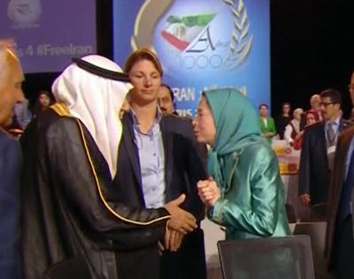 Maryam Rajavi greets Saudi’s Prince Turki al-Faisal at last year’s Villepinte show