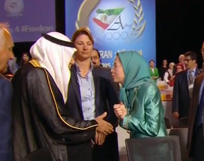 <p><strong>Maryam Rajavi greets Saudi’s Prince Turki al-Faisal at last year’s Villepinte show</strong></p>