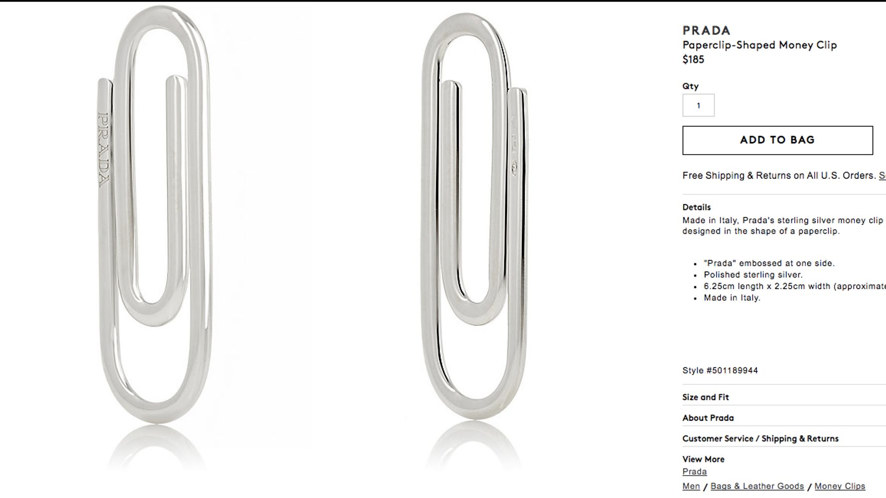 Prada 'paper clip-shaped' money clip sells for $185 
