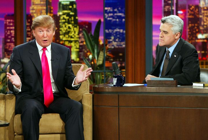Donald Trump (L) appears on 'The Tonight Show with Jay Leno' at the NBC Studios on April 7, 2004 in Burbank, California.