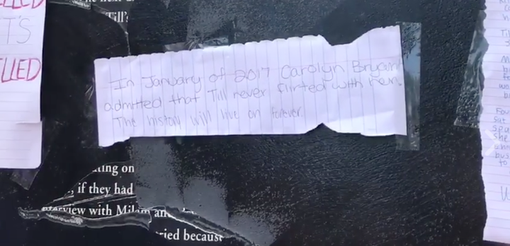 A note that reads: “In January of 2017 Carolyn Bryant admitted that Till never flirted with her. The history will live on forever.”