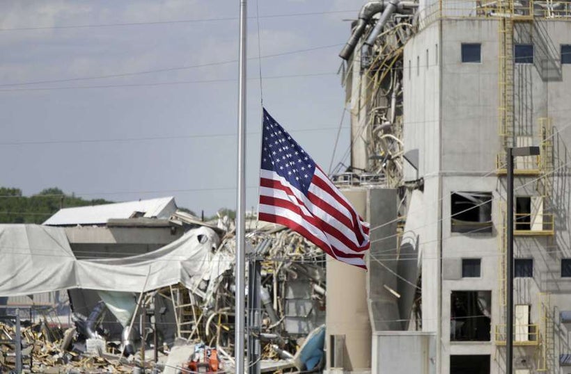 The flag at half-staff outside the Didion Milling plant in Cambria, WI.