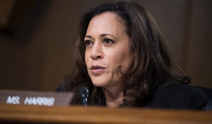 Sen. Kamala Harris questions Rep. Mike Pompeo, R-Kan., during his Senate Select Intelligence Committee confirmation hearing on January 12. 