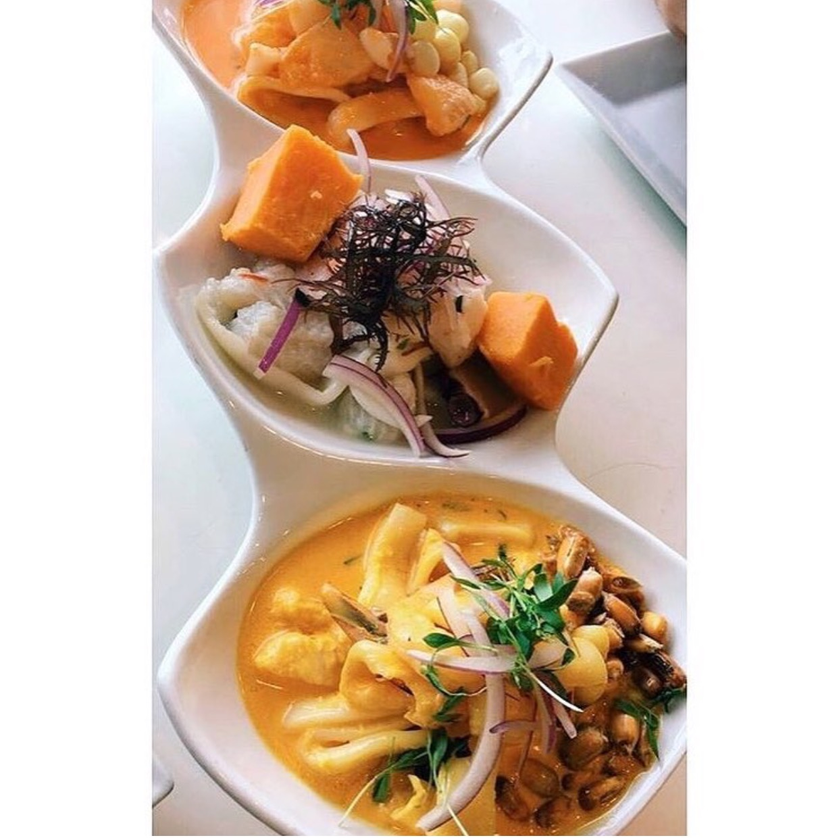 Sampler with three of over 15 varieties of ceviche