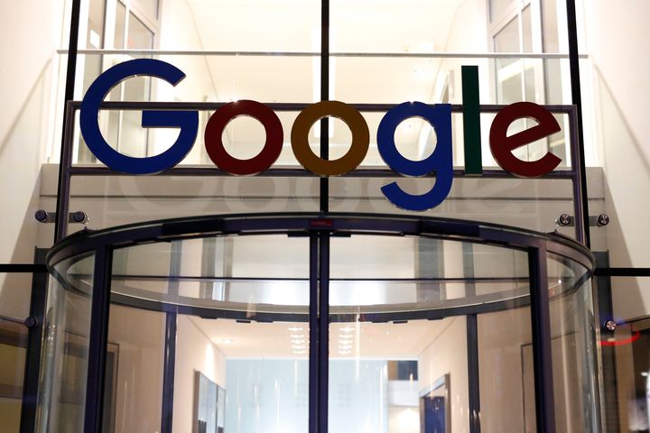 The Google logo adorns the entrance of Google's Germany headquarters in Hamburg.