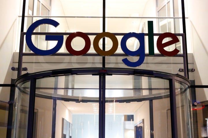 The Google logo adorns the entrance of Google's Germany headquarters in Hamburg.