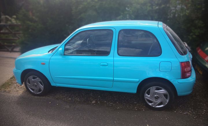 The Micra just out of paint - before adding vinyls, removing the interior and converting it into our Rally car. 