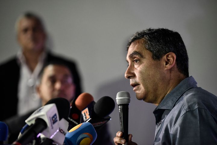 Venezuela's former intelligence chief (1999-2013) and Interior and Justice Minister (2013-2014), retired general Miguel Rodriguez, speaks during a press conference in Caracas on June 27, 2017 in which he denied accusations by President Nicolas Maduro of his involvement in an alleged coup plot to promote a US military intervention. 