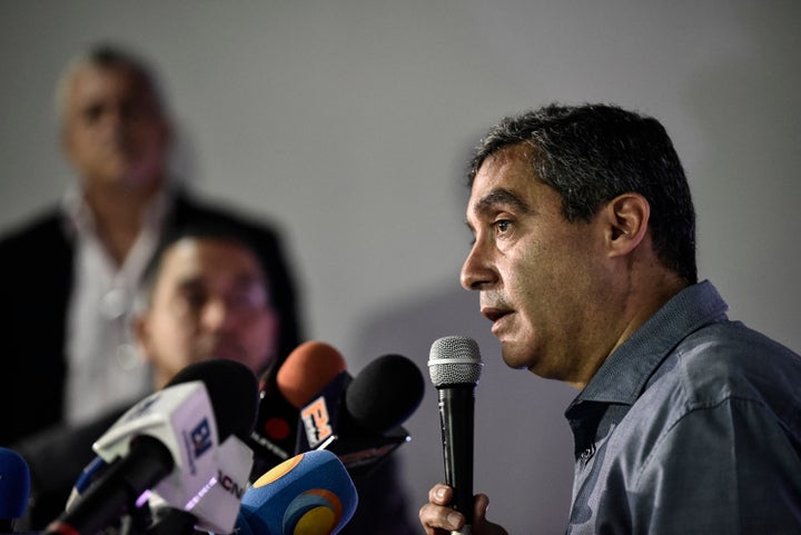 Venezuela's former intelligence chief (1999-2013) and Interior and Justice Minister (2013-2014), retired general Miguel Rodriguez, speaks during a press conference in Caracas on June 27, 2017 in which he denied accusations by President Nicolas Maduro of his involvement in an alleged coup plot to promote a US military intervention.