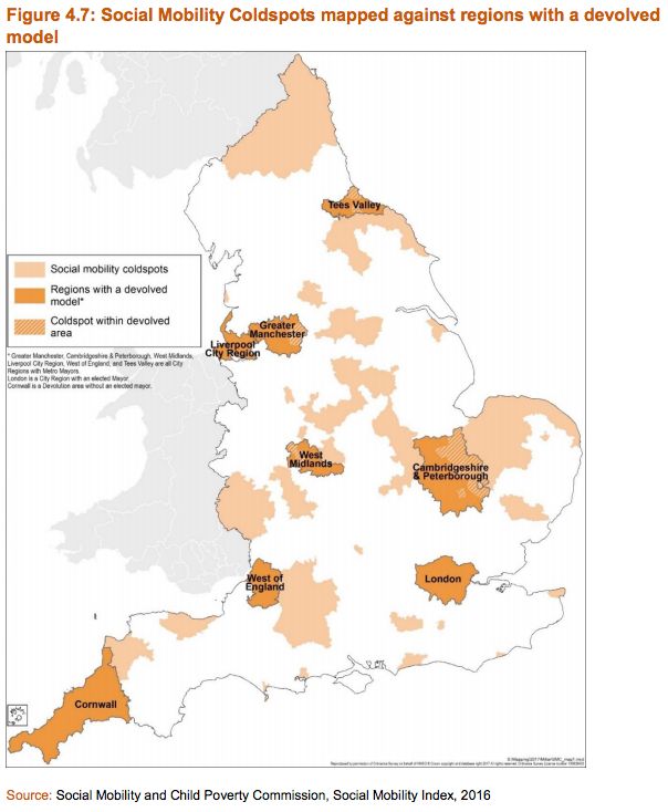 The so-called 'cold spots' of poor social mobility highlighted in light orange on this map