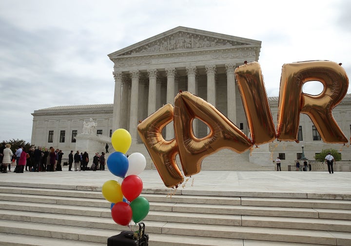 Balloons set up in front of the U.S. Supreme Court on April 19, the day the high court heard oral arguments in the Trinity Lutheran Church of Columbia v. Comer case. The case addressed a religious preschool that had been rejected from a state program that provides reimbursement grants to purchase rubberized surface material for playgrounds.