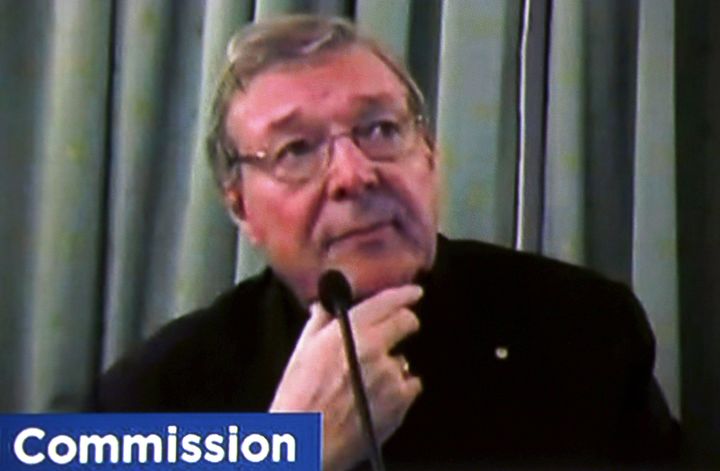 Pell is seen on screen via video link from Rome as he testifies at Australia's Royal Commission into Institutional Response to Child Sexual Abuse in Sydney, Australia, March 2016 - the Cardinal refused to travel to Australia to give evidence in person