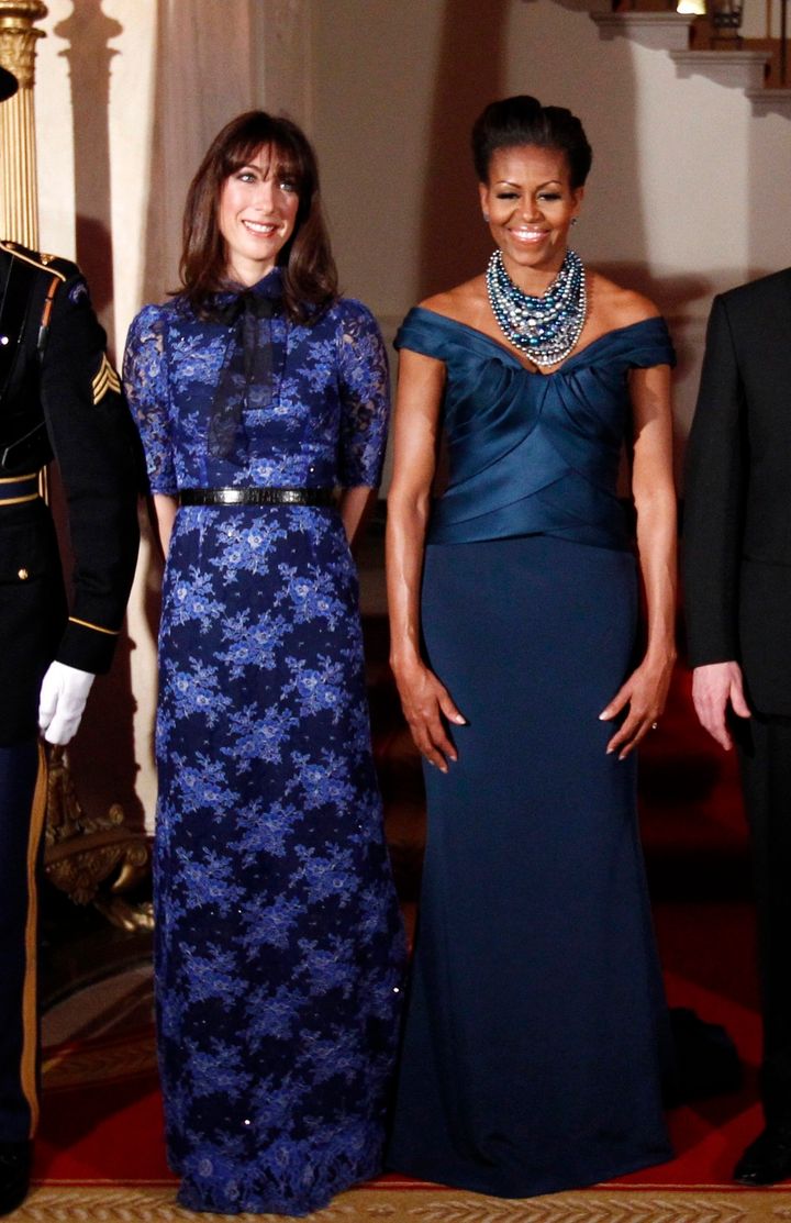 Cameron with US first lady Michelle Obama before a state dinner at the White House in 2012 