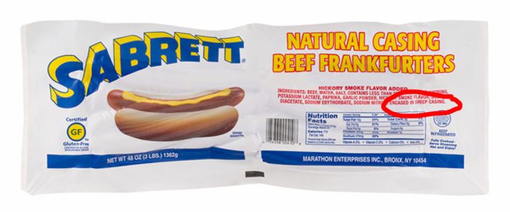 A package of Sabrett natural casing dogs, with the ingredient "encased in sheep casing" highlighted.