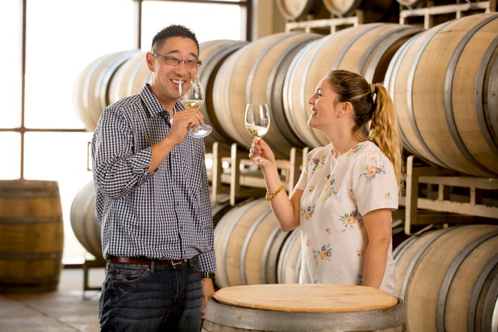 <p>Kris Kato and Drew Barrymore in the barrel room.</p>