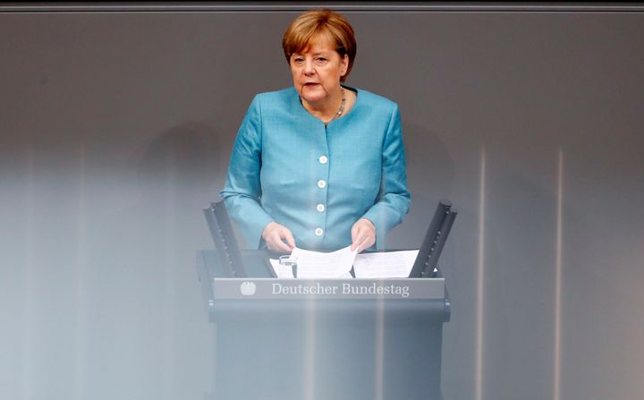 German Chancellor Angela Merkel addresses the lower house of parliament. 