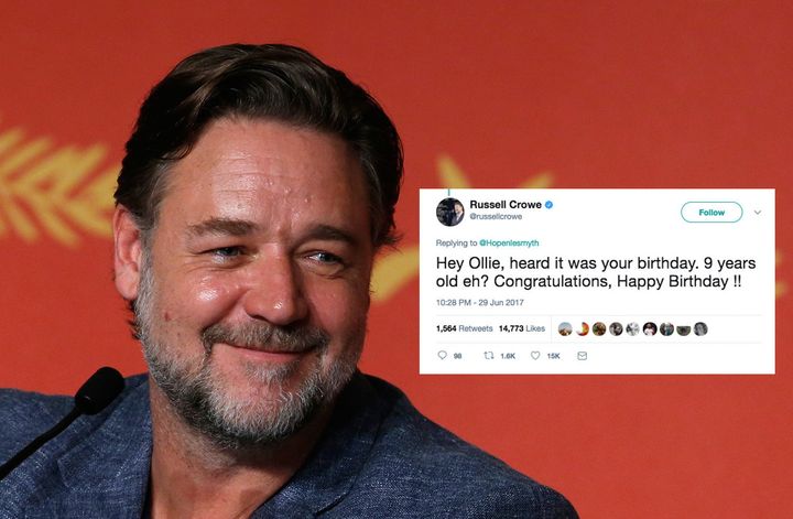 Actor Russell Crowe is among the celebrities who have joined forces to wish a 9-year-old boy a happy birthday via Twitter.