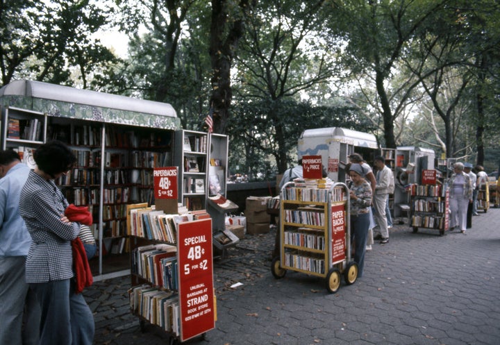 Mobile book carts in Central Park from Strand Bookstore in 1976.